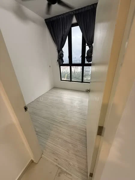 Room features: white painted walls, light wood-look flooring, floor-to-ceiling windows, grey curtains, ceiling fan; style: modern; view: city.