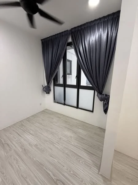 Room features: grey laminate flooring, white painted walls, floor-to-ceiling windows, black window frames, sheer curtains, dark grey curtains, ceiling fan, recessed lighting; style: modern.