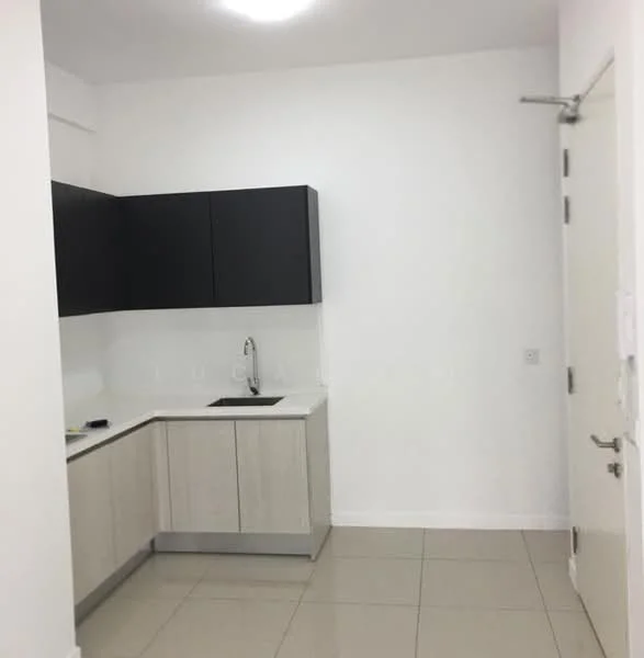 Kitchen features: white painted walls, light grey cabinetry, black upper cabinets, white countertop, single-bowl stainless-steel sink, chrome pull-down faucet, ceramic tile flooring, recessed ceiling lights; style: modern.