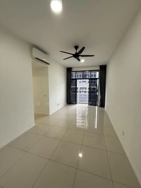 Living features: white painted walls, glossy ceramic tile flooring, 5-blade ceiling fan with light, floor-to-ceiling windows, sliding glass door, grey curtains, air conditioning unit; style: modern; view: city.