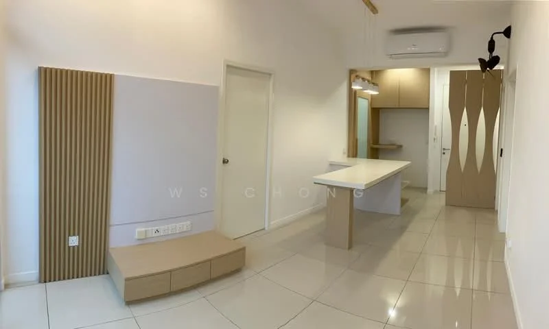 Room features: white painted walls, glossy tile flooring, recessed downlights, wall-mounted air conditioning unit, built-in cabinetry with light wood finish, open layout with kitchen area visible, feature wall with vertical wood slats, neutral color palette; style: modern.