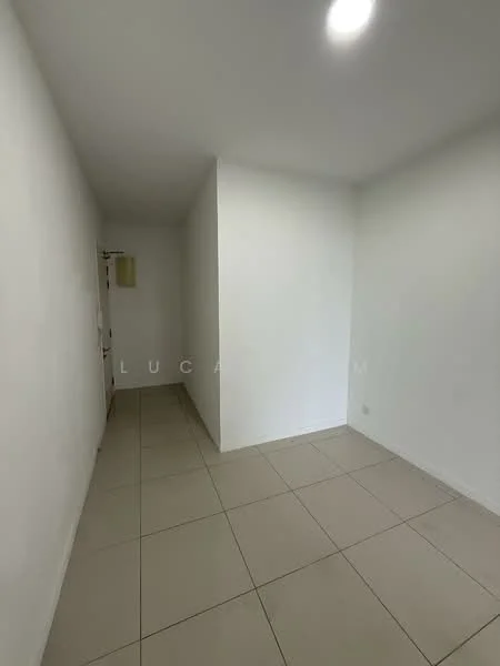 Room features: white painted walls, tile flooring, recessed ceiling lights, corner space, empty room; style: minimalist.