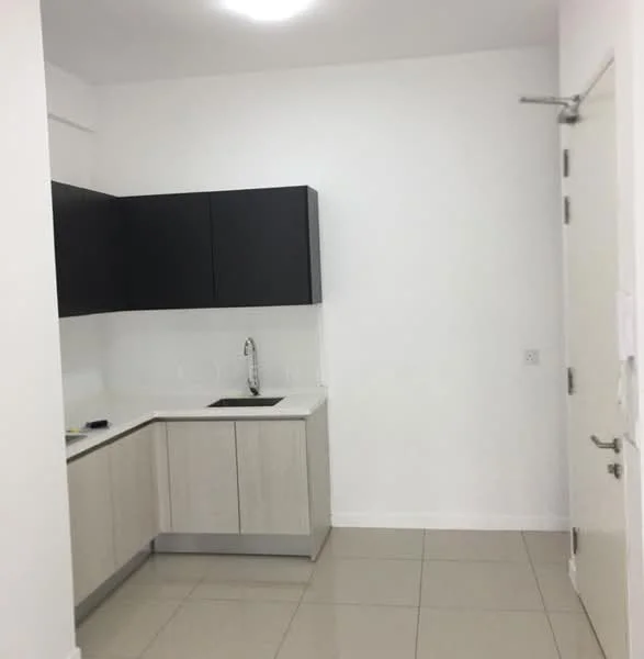 Kitchen features: white painted walls, grey laminate cabinetry, black upper cabinets, single-bowl stainless-steel sink, chrome pull-down faucet, white countertop, ceramic tile flooring, recessed ceiling lights; style: modern.