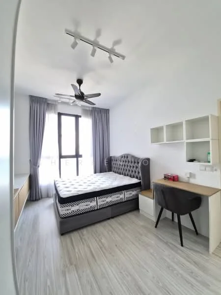 Bedroom features: queen-size bed, upholstered headboard, 2 bedside tables, desk with chair, built-in shelving unit, floor-to-ceiling window, grey curtains, light wood flooring, 5-blade ceiling fan with light, recessed ceiling lights; style: modern; view: city.