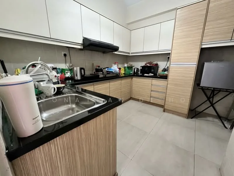 Kitchen features: black granite countertop, light wood cabinetry, stainless-steel sink, chrome pull-down faucet, built-in microwave, freestanding coffee machine, toaster, stainless-steel fridge, ceramic tile flooring, wall-mounted range hood, under-cabinet lighting, kitchen island with seating, multiple small appliances on countertop; style: modern.