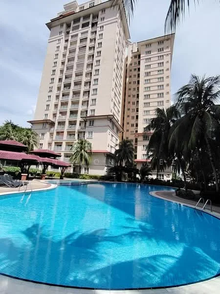 Exterior type: high-rise condominium; features: swimming pool with blue water, pool deck with loungers, landscaped garden with palm trees, multiple storeys visible, red awnings over seating areas, glass balcony railings, manicured lawn, surrounding greenery; style: modern.