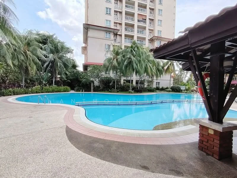 Exterior type: swimming pool deck; features: infinity pool, surrounded by palm trees, landscaped garden, pool deck with loungers, concrete walkway, red brick feature wall, covered pavilion, residential building in background; style: modern.