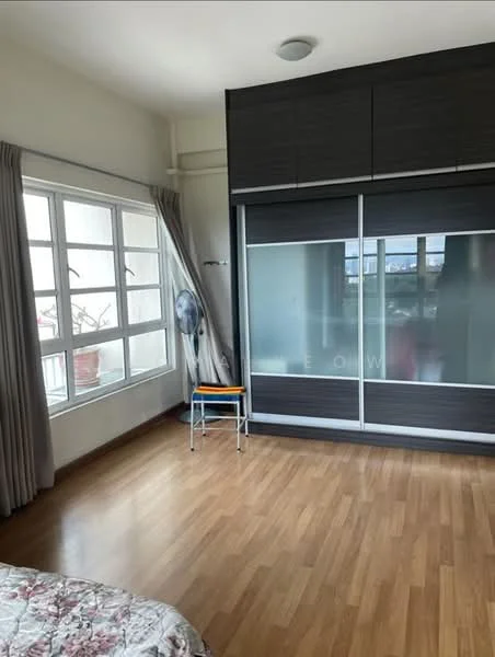 Bedroom features: wooden flooring, white painted walls, floor-to-ceiling windows, sheer curtains, built-in wardrobe with sliding glass doors, ceiling light fixture, single chair, decorative plant on windowsill; style: modern; view: city.