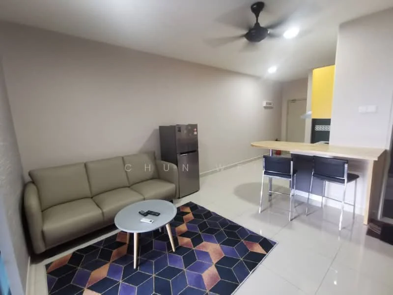 Living features: 3-seater fabric sofa in beige, coffee table, area rug with geometric pattern, wall-mounted TV, refrigerator, ceiling fan, recessed downlights, white painted walls, glossy tile flooring, breakfast bar with high stools; style: modern.