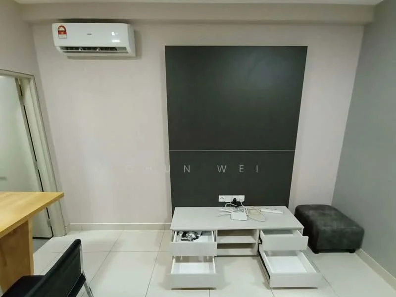 Room features: wall-mounted split AC, grey accent wall, white painted walls, tile flooring, low-profile coffee table with drawers, black ottoman, visible electrical outlets, cable management visible; style: modern.