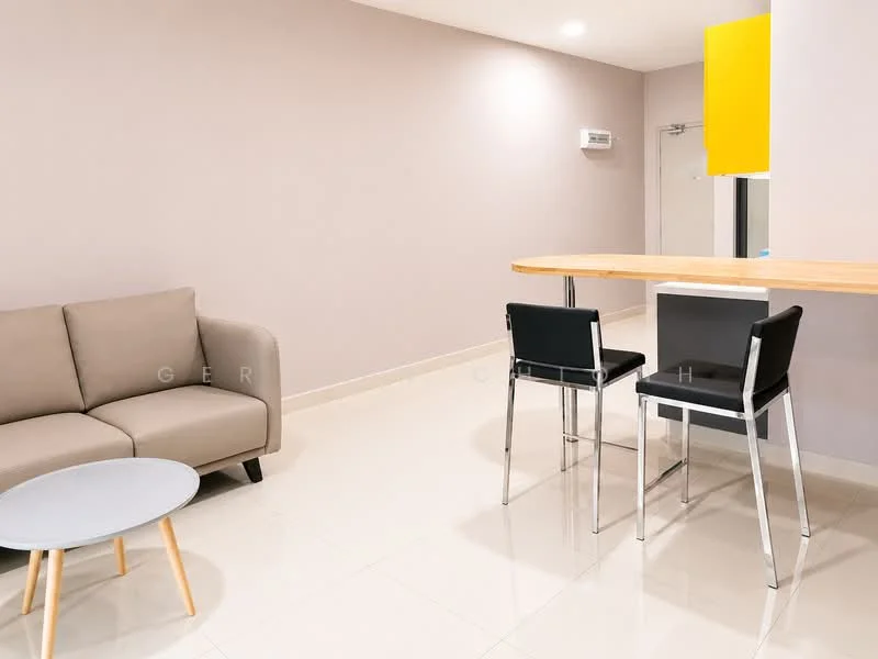 Living features: beige fabric sofa, round coffee table with light wood legs, bar counter with wooden top, two black dining chairs, white tiled flooring, light grey painted walls, air conditioning unit on wall, recessed ceiling lights; style: modern.