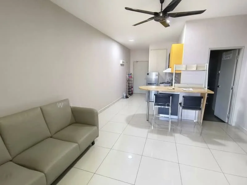 Living features: 3-seater fabric sofa in light grey, white tiled flooring, ceiling fan, wall-mounted air conditioning unit, open-plan layout, kitchen island with seating, refrigerator, kitchen cabinetry, light-colored walls; style: modern. Kitchen features: kitchen island, stainless-steel refrigerator, yellow cabinetry, countertop with bar stools, open shelving, white tiled flooring; style: modern.