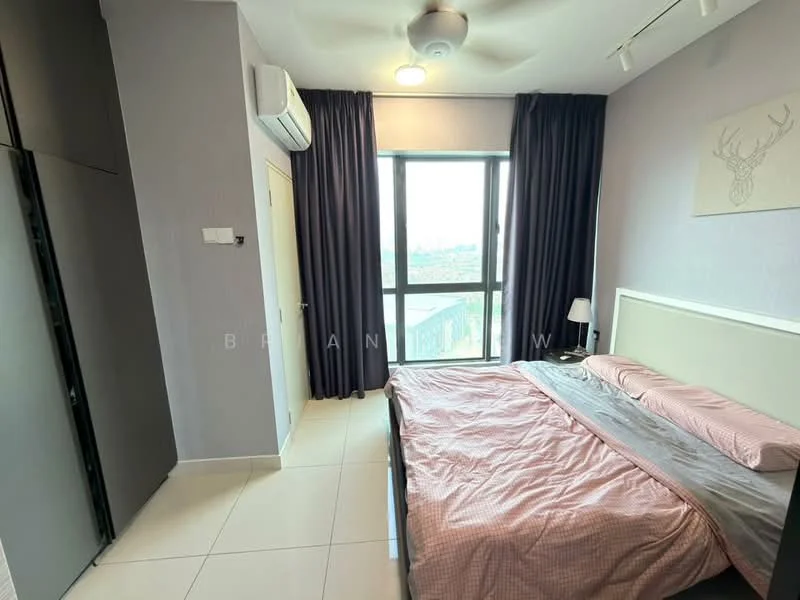 Bedroom features: king-size bed with pink checkered bedding, floor-to-ceiling window, blackout curtains, light grey painted walls, ceiling fan, wall-mounted air conditioning unit, built-in wardrobe with sliding doors, laminate flooring, nightstand with lamp, decorative wall art; style: modern; view: city.