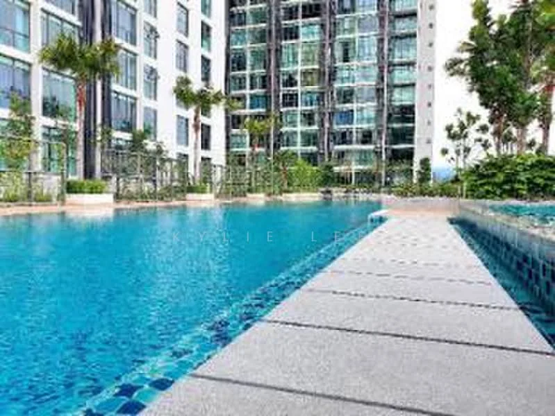 Exterior type: high-rise condominium; features: infinity pool, pool deck with loungers, landscaped garden with palm trees, surrounding greenery, glass curtain wall facade, manicured lawn; style: modern.