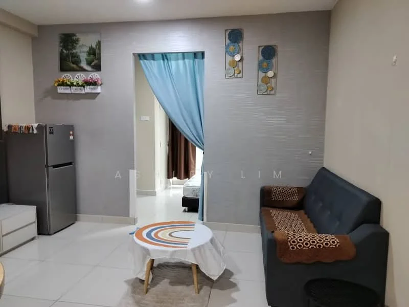 Living features: grey fabric sofa, coffee table with circular design, white tiled flooring, refrigerator, decorative wall art, blue curtain, wall-mounted decorative shelves, textured wall finish; style: modern.