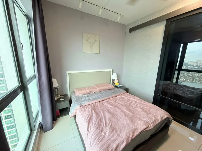 Bedroom features: queen-size bed with pink bedding, upholstered headboard, two bedside lamps, nightstand with drawer, floor-to-ceiling windows, grey accent wall, light-colored tile flooring, decorative wall art, curtains, view of city skyline; style: modern; view: city.