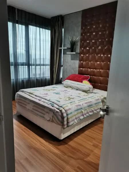 Bedroom features: king-size bed, upholstered headboard with tufted design, decorative throw pillows, wooden flooring, floor-to-ceiling windows, sheer curtains, wall-mounted shelf, decorative plant on shelf, bedside table, wall with grey accent finish; style: modern; view: city.