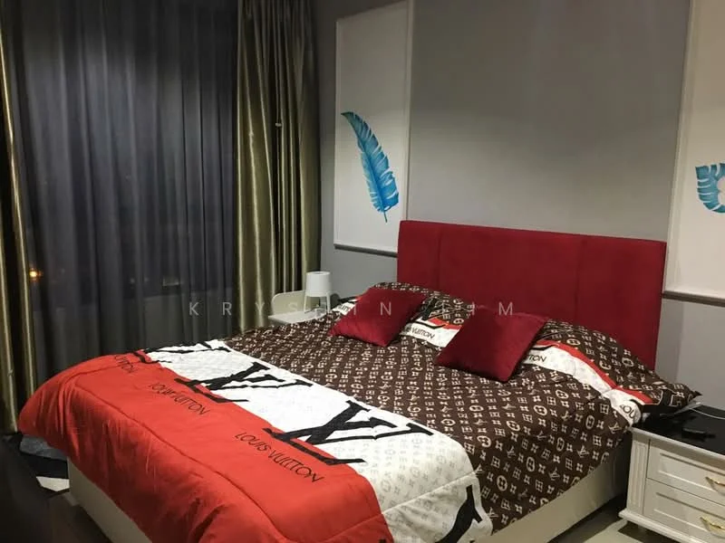 Bedroom features: king-size bed with red upholstered headboard, brown patterned bedding with red accents, two red decorative pillows, nightstand with lamp, floor-to-ceiling windows with sheer curtains, grey painted walls, framed artwork with blue leaf design, wooden flooring, curtains in a light color; style: modern; view: city.
