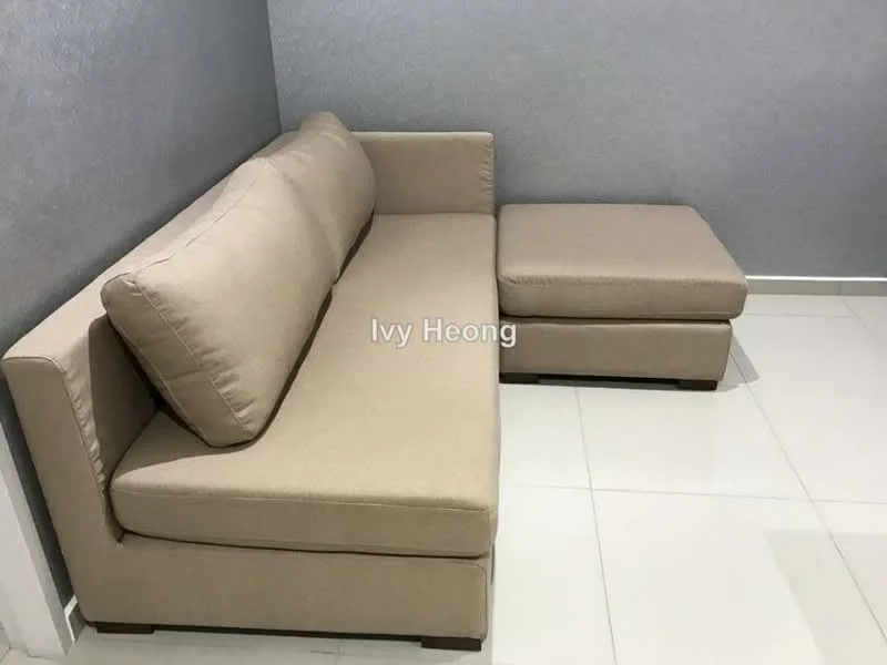 Living features: L-shape sectional sofa in beige, light grey painted walls, white tiled flooring, neutral color scheme, minimalist design; style: modern.
