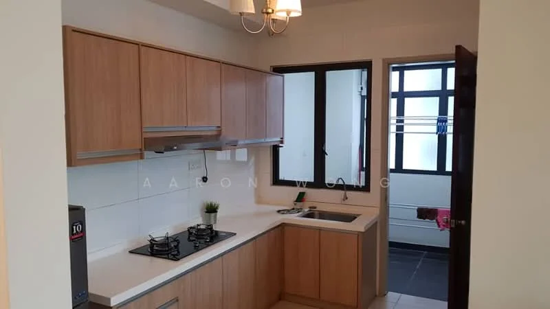 Kitchen features: wood cabinetry, white countertop, stainless-steel sink, chrome pull-down faucet, gas hob with 2 burners, built-in range hood, window with black frame, tile flooring, wall-mounted cabinets, open shelving, laundry area visible through window; style: modern.
