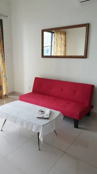 Living features: red fabric sofa, white coffee table with tablecloth, large wall mirror, floor-to-ceiling window with sheer curtains, light-colored tiled flooring, neutral painted walls, air conditioning unit on wall; style: modern.
