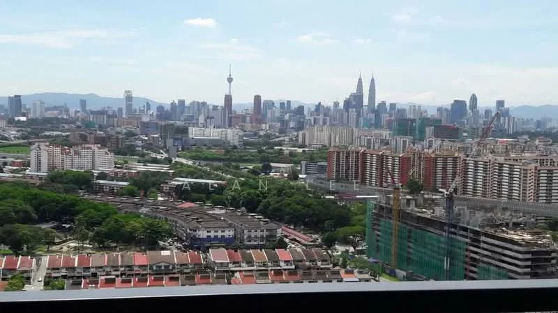 Exterior type: high-rise condominium; features: city skyline view, surrounded by greenery, urban landscape, mixed-use development, high-rise buildings, low-rise residential areas; style: modern.