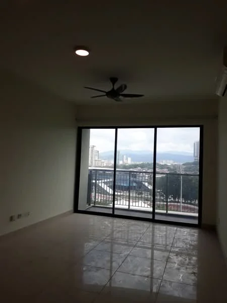 Living features: floor-to-ceiling windows, sliding glass door, 5-blade ceiling fan, marble tile flooring, neutral painted walls, city view, natural light, air conditioning unit; style: modern; view: city.