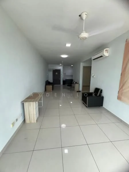 Living features: white painted walls, glossy ceramic tile flooring, ceiling fan, wall-mounted split AC, large window with sheer curtains, light fixture in ceiling, open layout, neutral color scheme, furniture including a black sofa and a wooden table; style: modern.