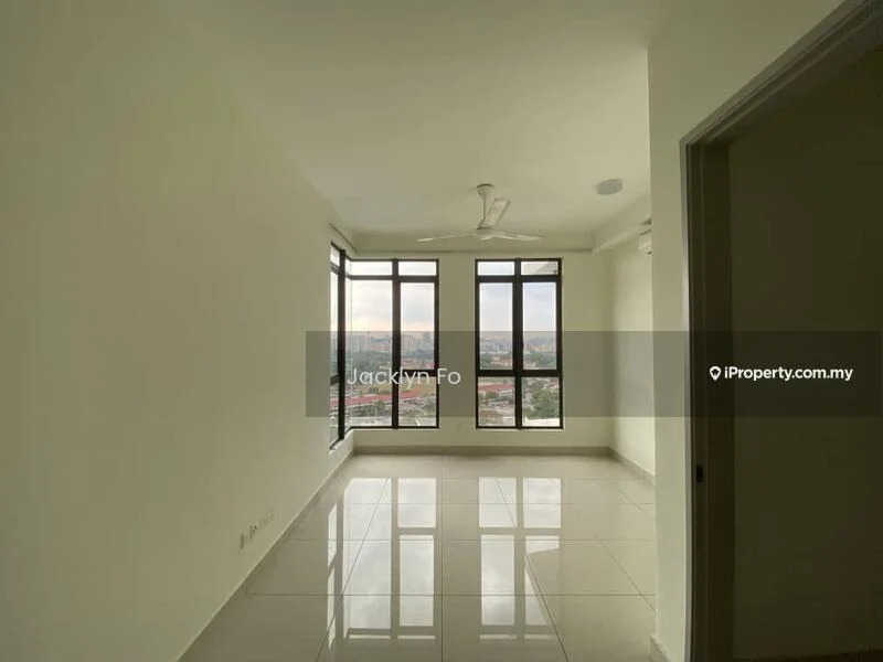 Living features: white painted walls, glossy ceramic tile flooring, 5-blade ceiling fan with light, floor-to-ceiling windows, city view, neutral color scheme, no visible furniture, natural light; style: modern; view: city.