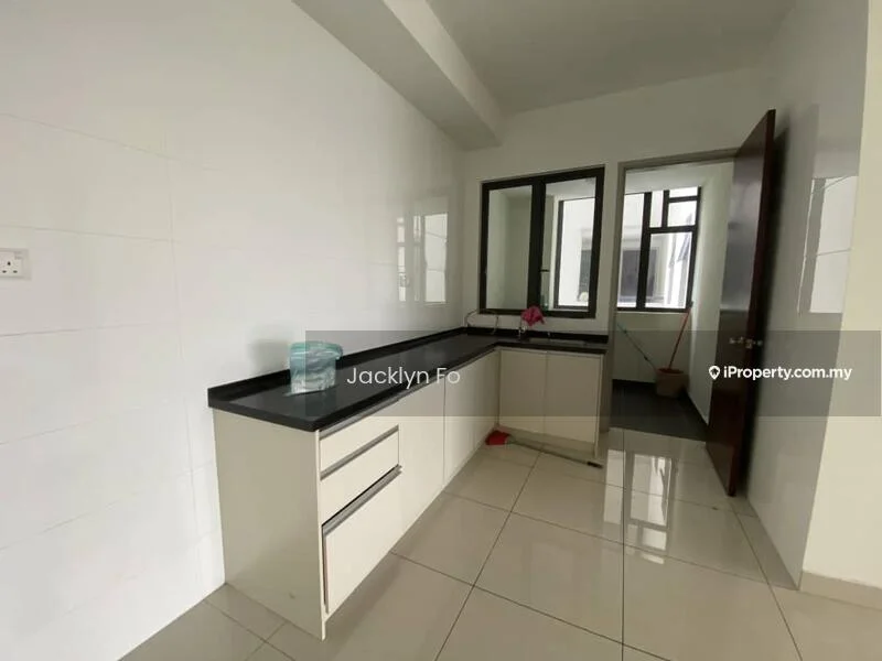 Kitchen features: white tiled walls, black granite countertop, built-in cabinets with flat-panel design, single-bowl stainless-steel sink, chrome pull-down faucet, ceramic tile flooring, window with black frame, open layout, clean minimalist design, no visible appliances; style: modern.