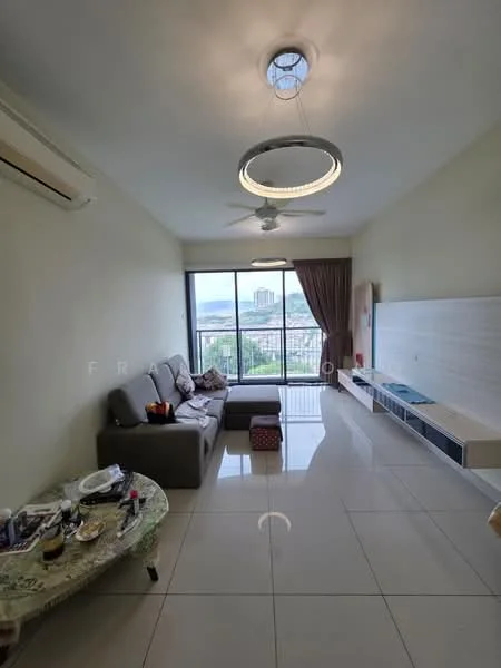 Living features: 3-seater fabric sofa in grey, coffee table, wall-mounted TV, TV console, floor-to-ceiling windows, curtains, ceiling fan with integrated LED light, marble tile flooring, decorative wall panel, city view; style: modern; view: city.