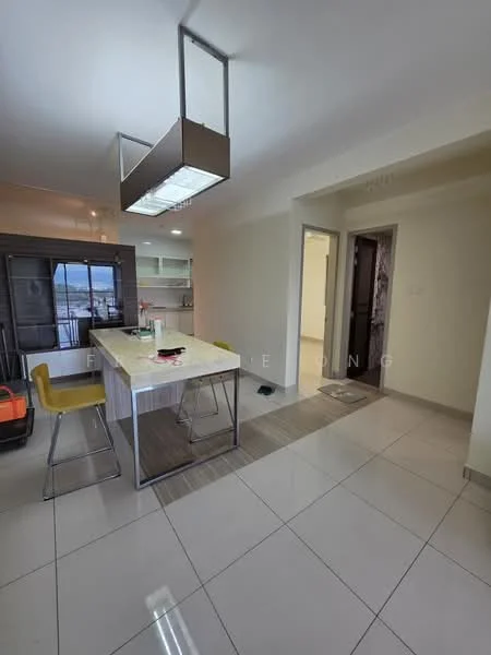 Dining features: rectangular dining table with marble top, 4 yellow bar stools, pendant light fixture above table, white walls, tile flooring, open layout to kitchen, large window with view, neutral color scheme; style: modern; view: city. Kitchen features: white cabinetry, stainless-steel appliances, open shelving, countertop with breakfast bar, tile backsplash, built-in oven, microwave, refrigerator; style: modern. Hallway features: doorway leading to other rooms, neutral wall color, tile flooring.