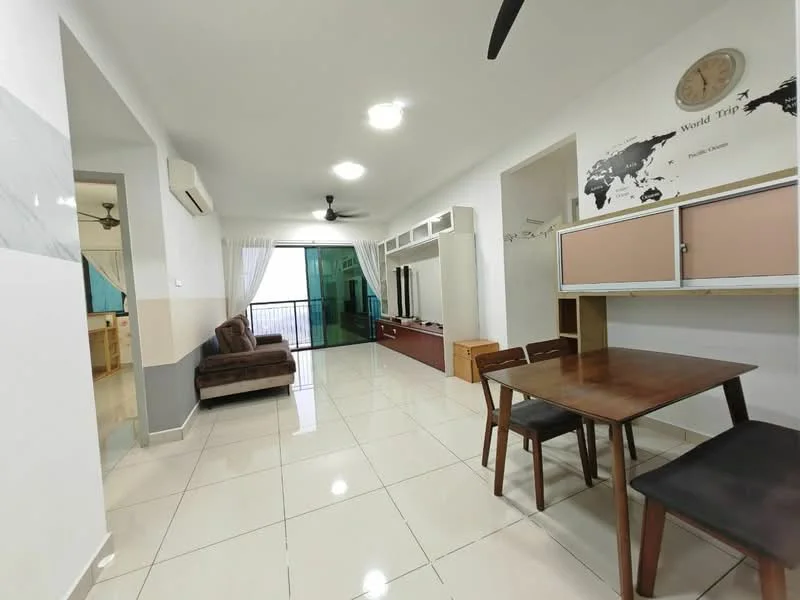 Living features: white painted walls, glossy tile flooring, 5-blade ceiling fan with light, sofa in brown fabric, wooden TV console, wall-mounted TV, dining table with 4 chairs, large sliding glass door, sheer curtains, decorative wall clock, map wall art; style: modern; view: city.
