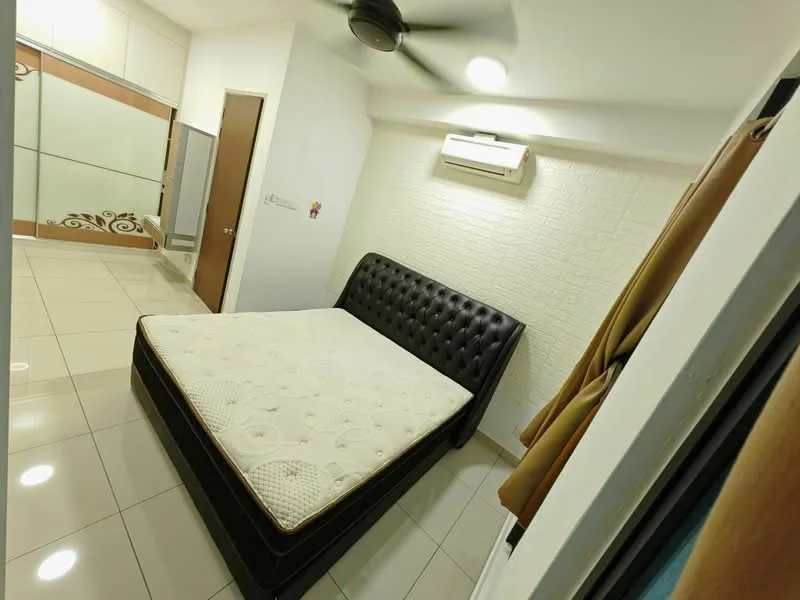 Bedroom features: king-size bed with upholstered headboard, white painted walls, exposed brick accent wall, wall-mounted air conditioning unit, ceiling fan, glossy tile flooring, built-in wardrobe with mirrored doors, decorative wall design, window with curtain, light fixture on ceiling; style: modern.