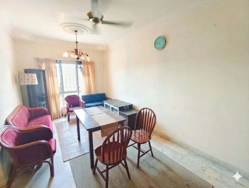 Living features: ceiling fan, chandelier, wall clock, two-seater blue sofa, three-seater red sofa, wooden dining table, two wooden chairs, area rug, large windows with sheer curtains, marble flooring, cream painted walls.
