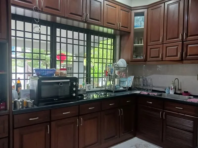 Kitchen features: dark wood cabinetry, black granite countertop, stainless-steel sink, chrome pull-down faucet, built-in gas hob, microwave oven, dish rack, window with security bars, tile backsplash, white ceramic tile flooring, kitchen utensils, bottle of cooking oil, cutting board; style: traditional; view: garden.