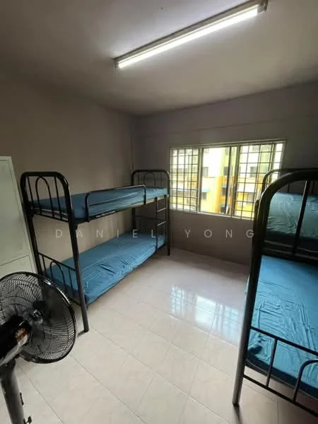 Room features: bunk beds with blue mattresses, white tiled flooring, grey painted walls, window with grid pattern, ceiling light fixture, wall-mounted fan; style: minimalist.