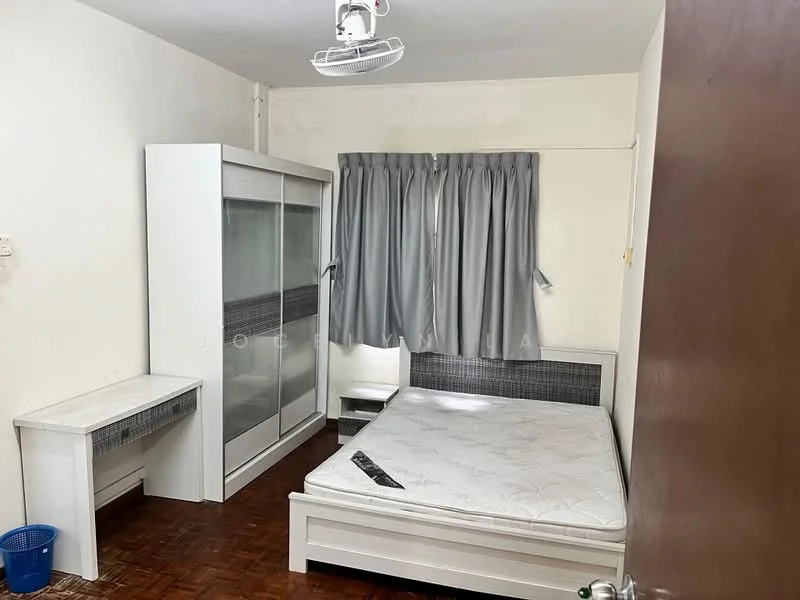 Bedroom features: queen-size bed, white bed frame, built-in wardrobe with glass doors, wooden flooring, grey curtains, study desk, ceiling fan, decorative wall paneling; style: minimalist.