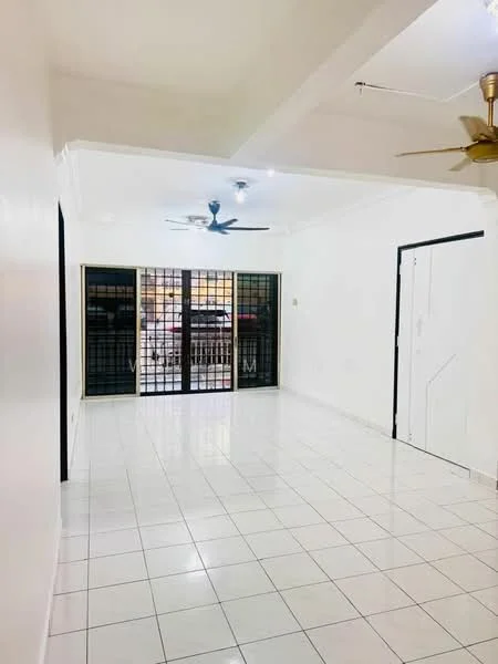 Living features: white painted walls, white ceiling, recessed downlights, 5-blade ceiling fan with light, sliding glass door, tile flooring, grid-patterned security grille, large windows, open layout; style: modern.