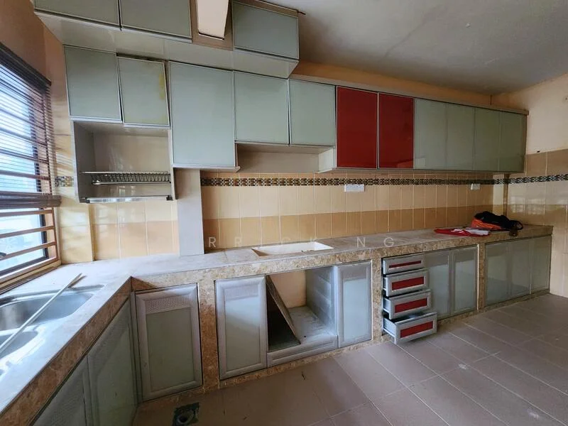 Kitchen features: grey cabinetry with red accent door, marble countertop, single-bowl stainless-steel sink, wall-mounted cabinets, tile backsplash, open shelving, built-in drawers, ceramic tile flooring, window with blinds, under-cabinet lighting; style: modern.