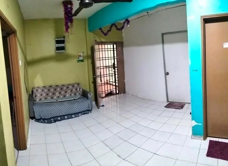 Room features: white tiled flooring, green painted walls, yellow painted walls, ceiling fan, sofa with patterned upholstery, doorway with security grille, door leading to another room, window with no visible treatment.