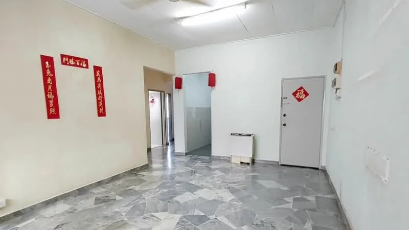 Room features: marble flooring, white painted walls, ceiling lights, glass partition, main entrance door, decorative red banners, wall-mounted intercom, white cabinet; style: modern.