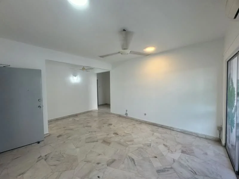 Living features: marble flooring, white painted walls, 5-blade ceiling fan with light, recessed downlights, sliding glass door, large window, neutral decor, open layout; style: modern.