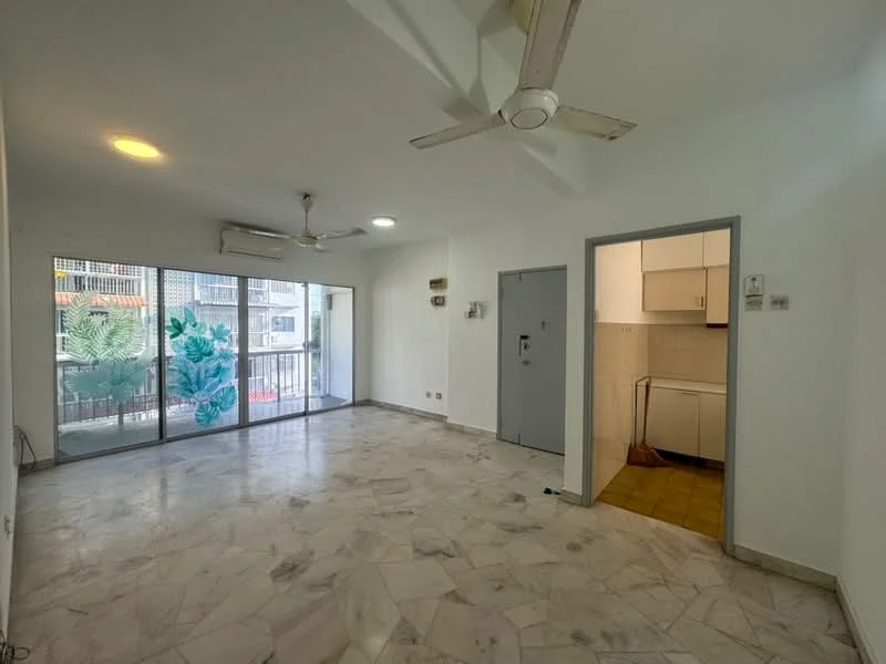 Living features: marble flooring, white painted walls, ceiling fan, 5-blade ceiling fan, floor-to-ceiling windows, sliding glass door, balcony access, natural light, wall-mounted intercom, light fixture, open layout to kitchen; style: modern; view: garden. Kitchen features: tile flooring, white cabinetry, countertop, built-in oven, stainless-steel sink, single-bowl stainless-steel sink, chrome pull-down faucet, kitchen appliances, ventilation hood; style: modern.