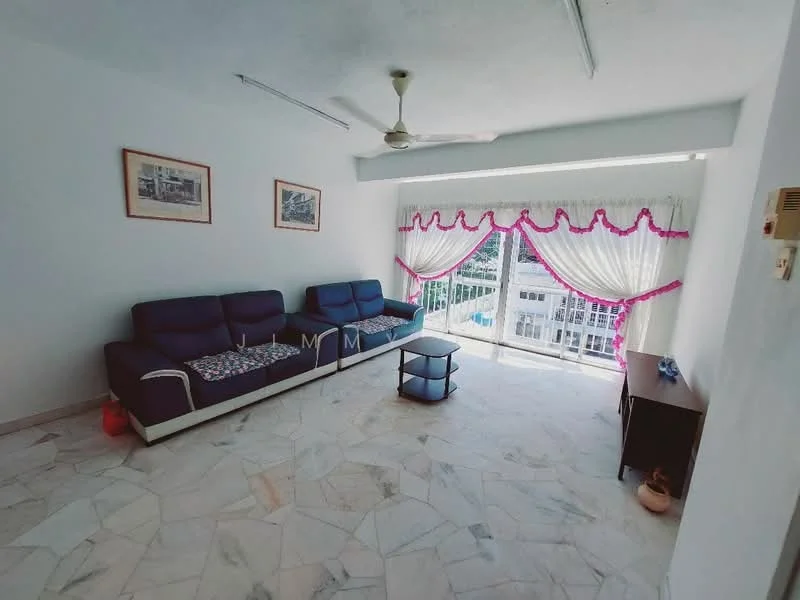Living features: 3-seater fabric sofa in navy blue, 2-seater fabric sofa in navy blue, coffee table, floor-to-ceiling windows, sheer curtains, ceiling fan, marble flooring, wall-mounted artwork, decorative wall clock; style: minimalist; view: city.