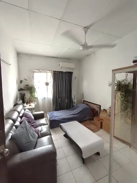 Living features: 3-seater leather sofa in dark grey, 2 purple throw pillows, white coffee table, floor-to-ceiling window with sheer curtains, wall-mounted split AC, ceiling fan, wooden flooring, decorative plants in pots, TV console, bed with blue bedding, dark curtains, light-coloured walls, wooden storage unit; style: minimalist.