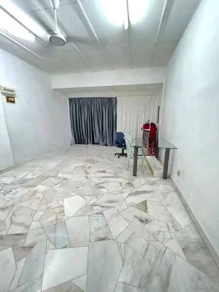 Room features: white painted walls, marble flooring, ceiling fan, curtains, glass table, office chair, air conditioning unit; style: minimalist.