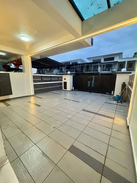 Exterior type: linked terrace house; features: paved flooring, covered outdoor area, glass roof panels, fence with gate, outdoor lighting, wall-mounted lights, surrounding walls, outdoor storage area, landscaping with planters; style: modern.