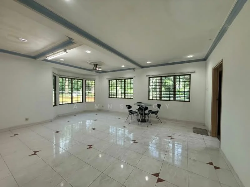 Living features: white painted walls, tray ceiling, recessed downlights, floor-to-ceiling windows, blackout curtains, marble tile flooring, decorative ceiling trim, 4-seater dining table, black dining chairs, sliding door, view of garden; style: modern; view: garden.