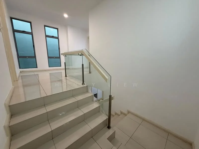 Room features: white painted walls, glazed windows, stainless-steel handrail, ceramic tile flooring, staircase with steps, natural light from windows; style: modern.